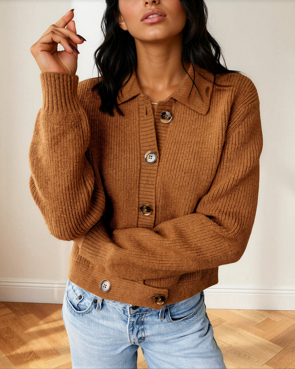 Scottie Ribbed Knit Collar Button Front Long Sleeve Cardigan