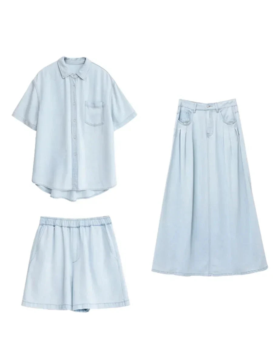 Blue Denim Set: Loose Shirt & Elastic Waist Shorts/Skirt