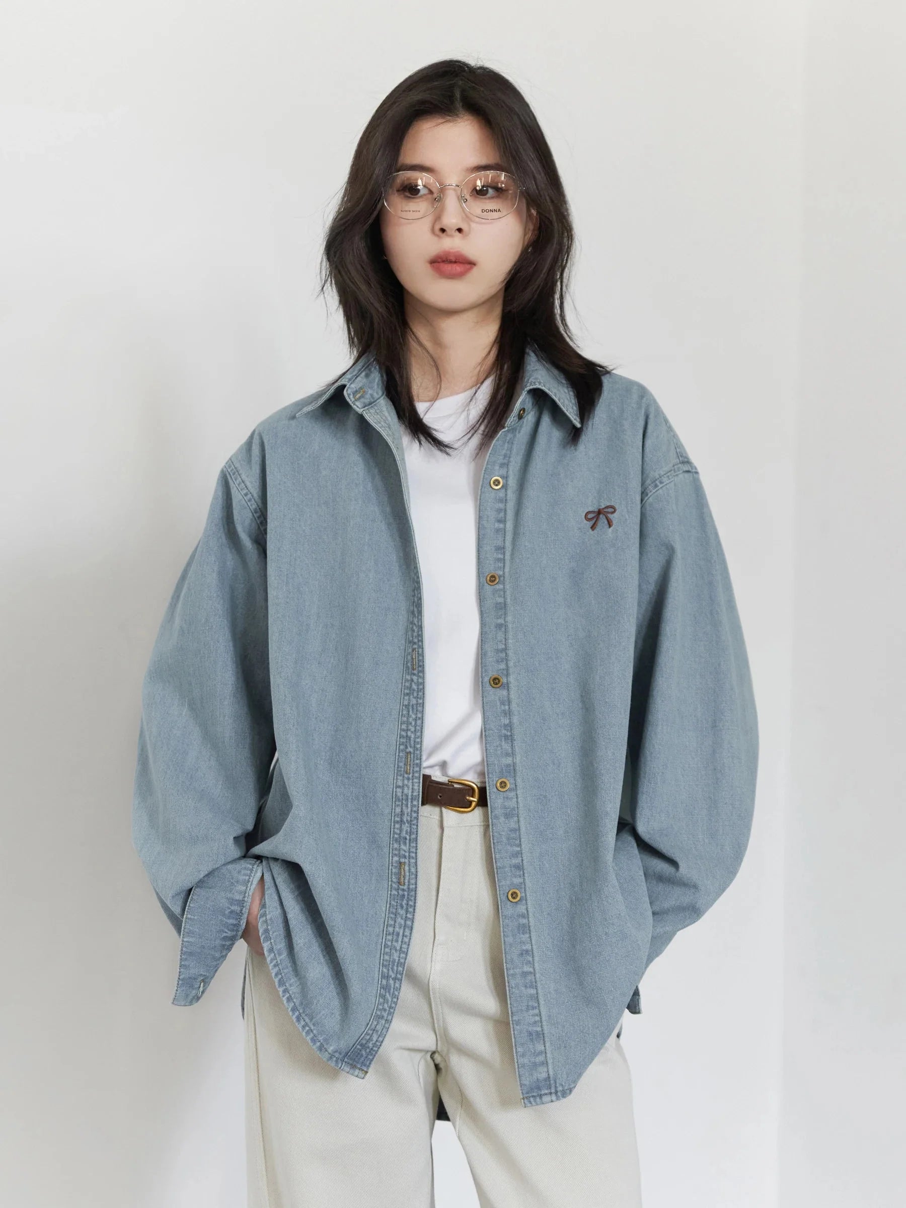 Bow Embroidered Denim Shirt Loose Blue Blouse