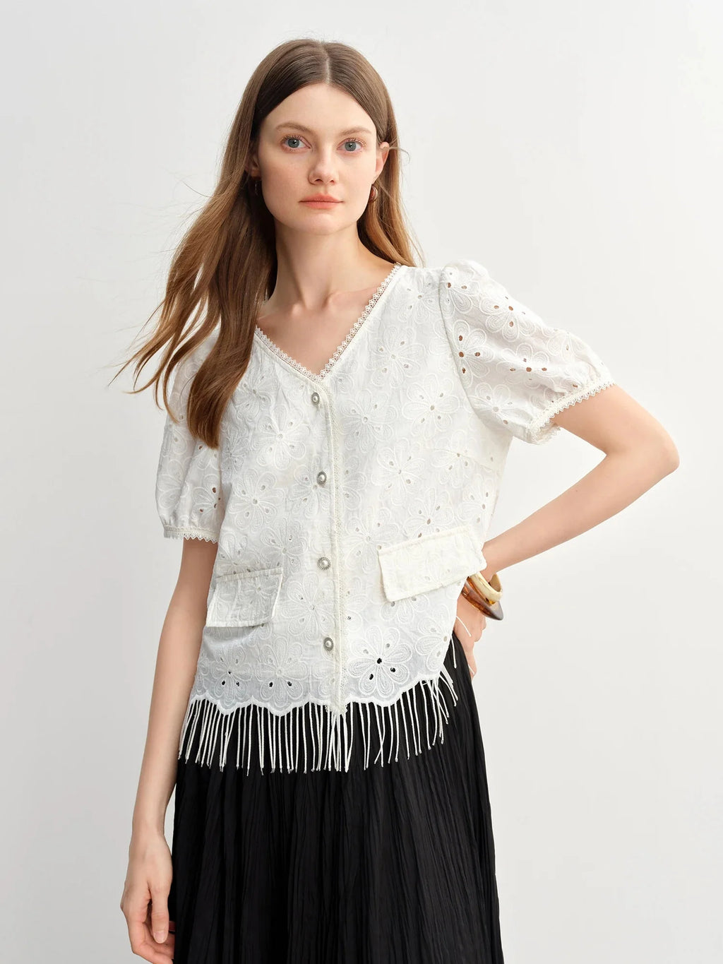 White Lace Embroidery Chic Summer Shirt Tassel Detail