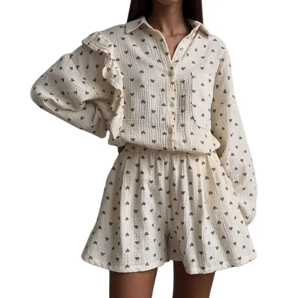 Women’s Love Print Cotton Linen Pajama Set with Shorts