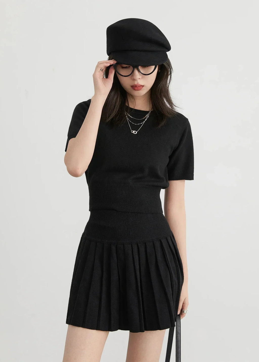 Women’s 3-Piece Knitted Skirt Set Pleated Cardigan Outfit