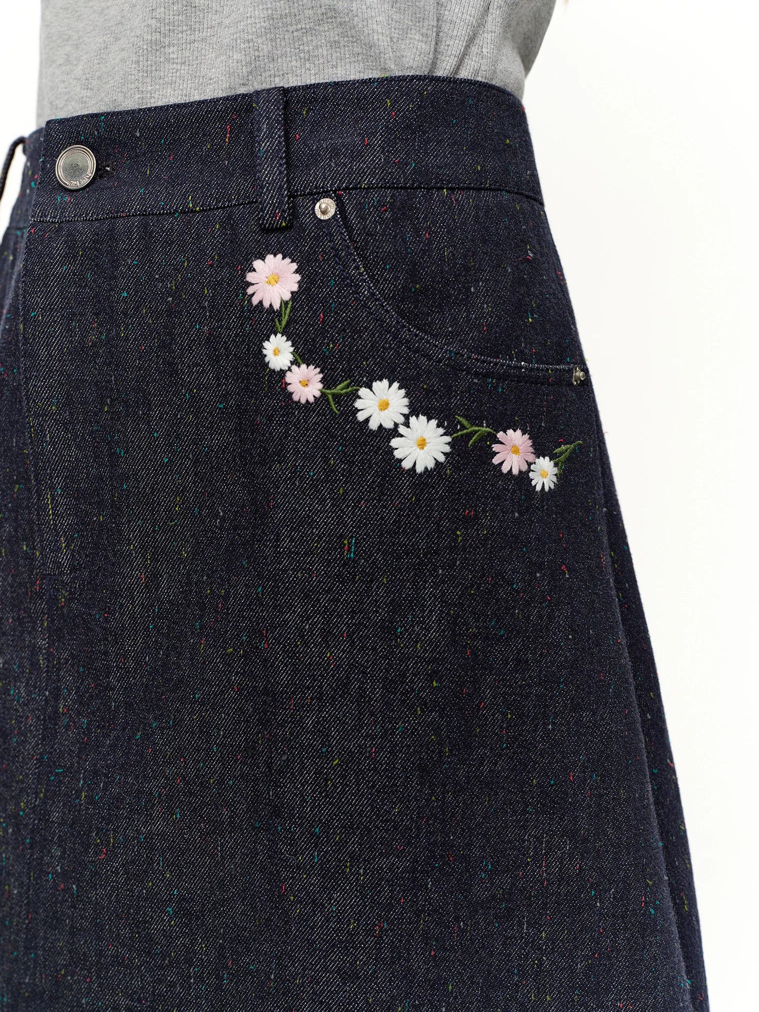 Women's Denim Skirt Floral Embroidered High-Waist