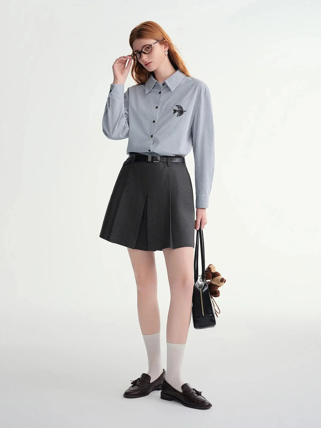 Plus-Size Birds Appliqué Checkered Stripe Shirt