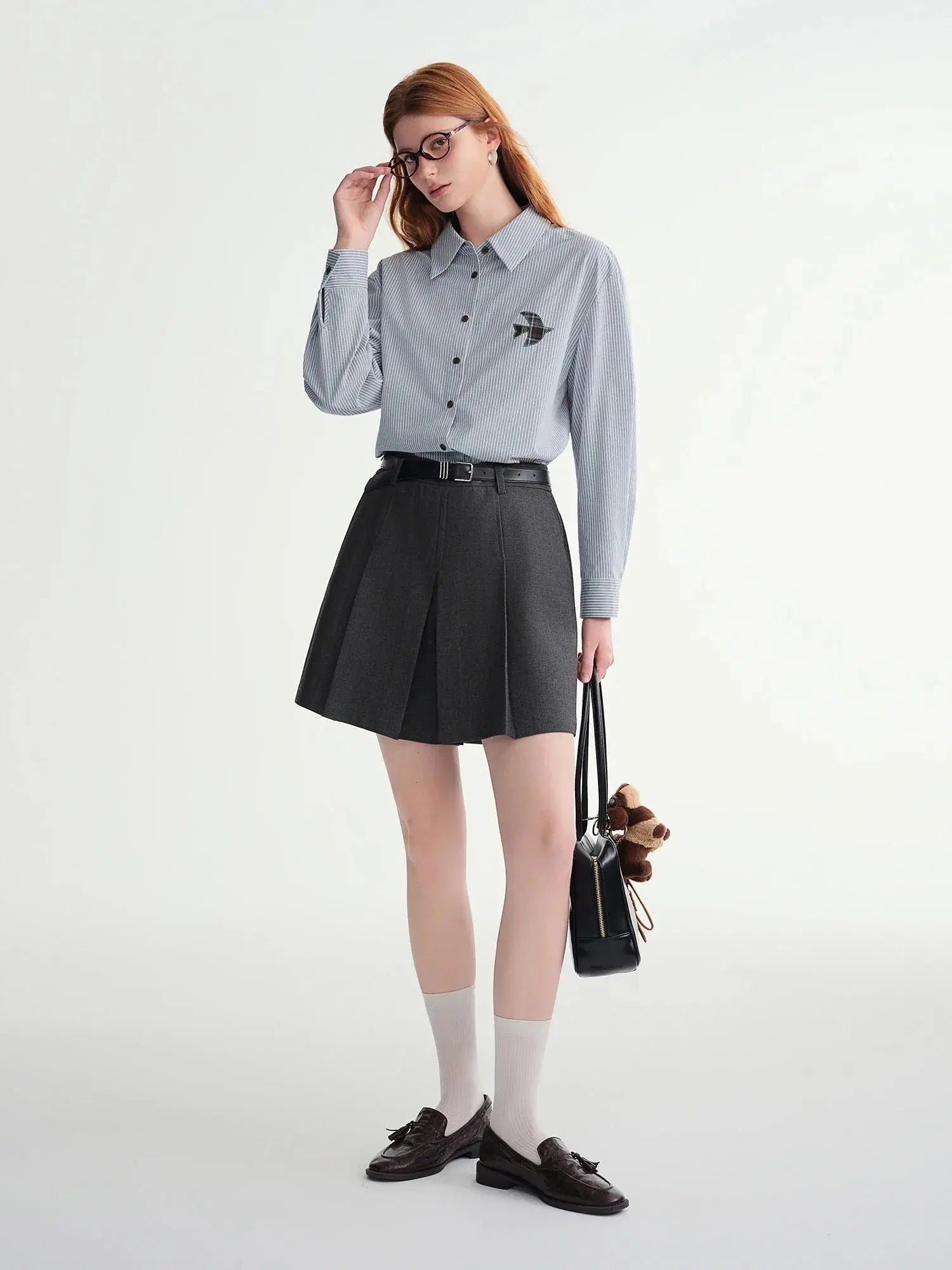 Plus-Size Birds Appliqué Checkered Stripe Shirt
