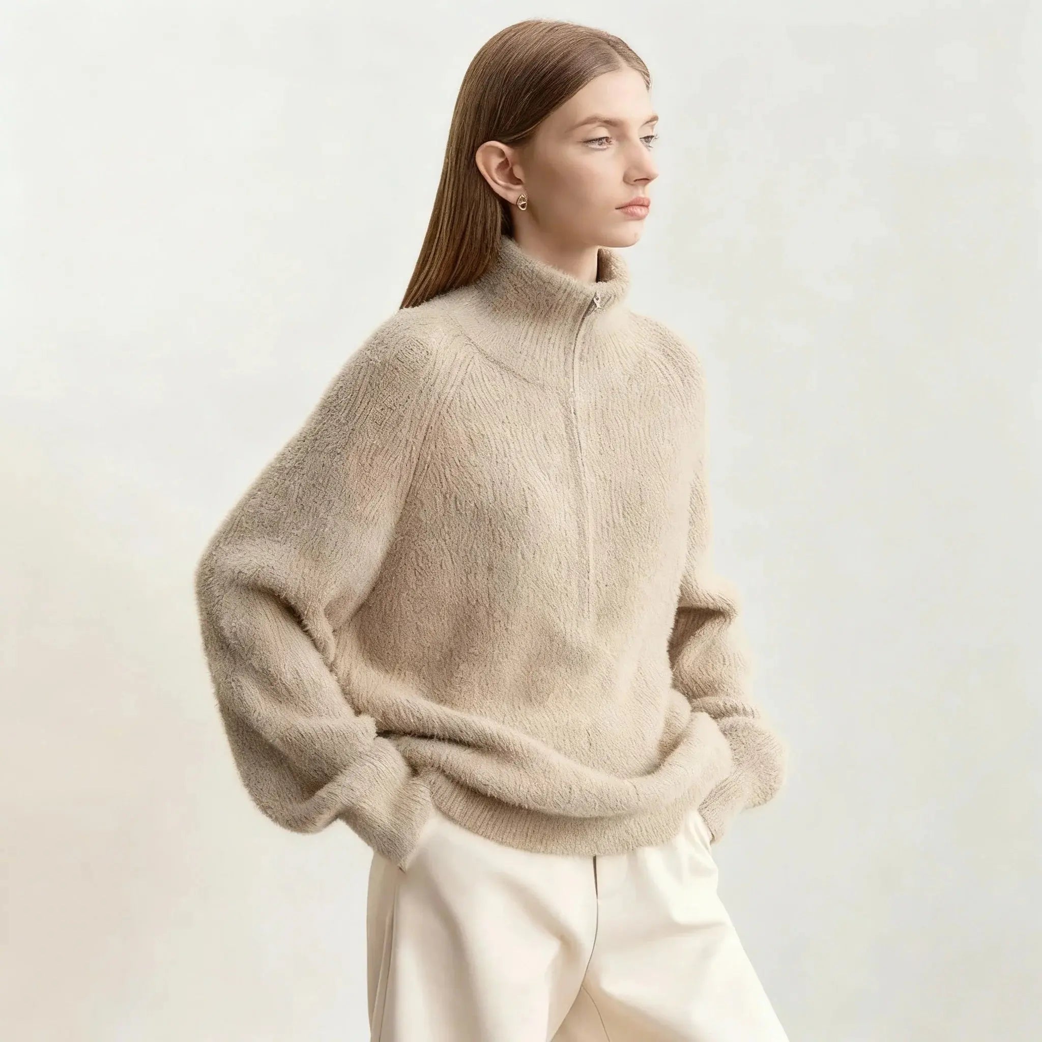 Women's Loose Fit Turtleneck Sweater with Quarter-Zip
