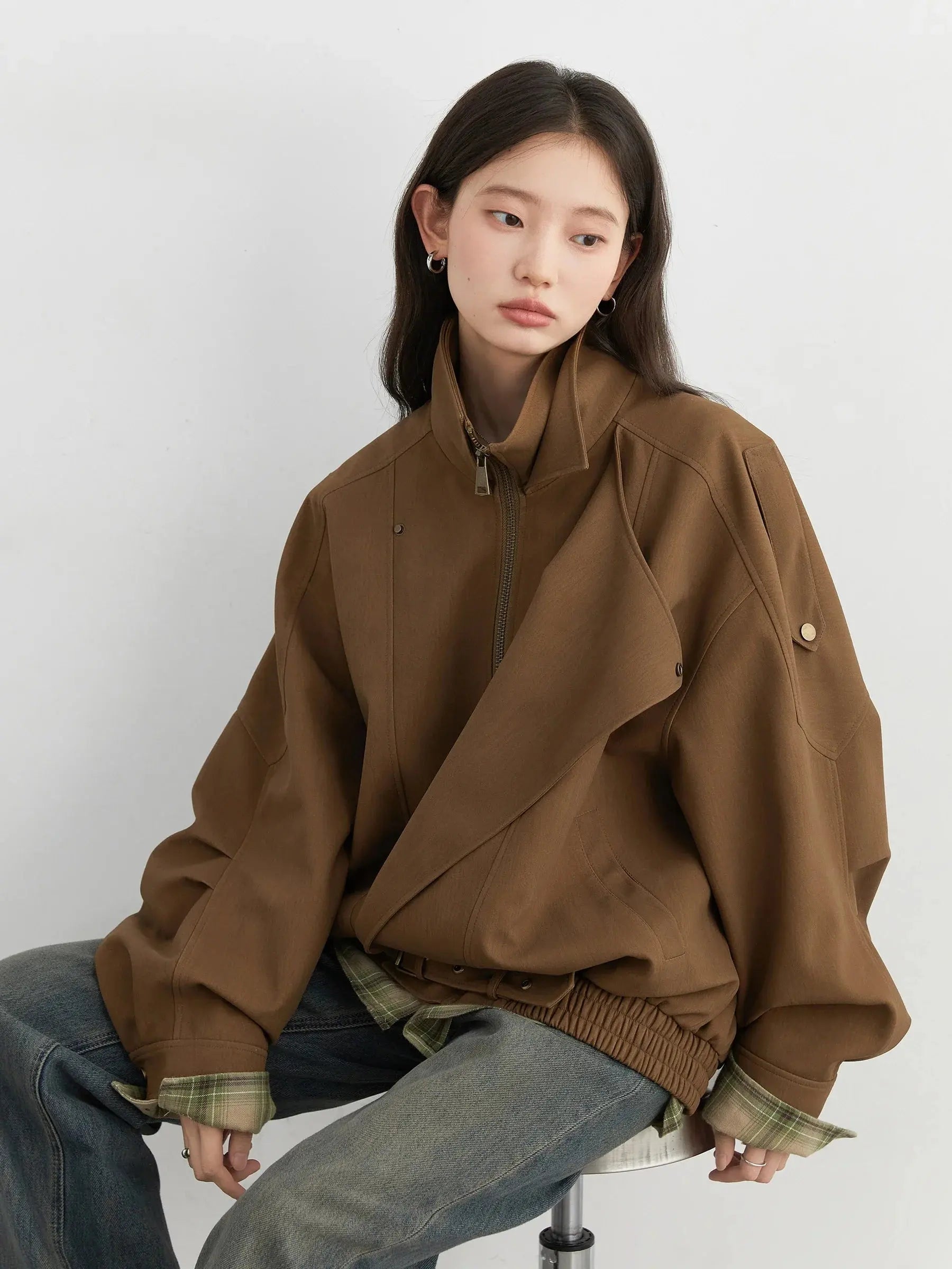 Loose Leather Stand Collar Jacket