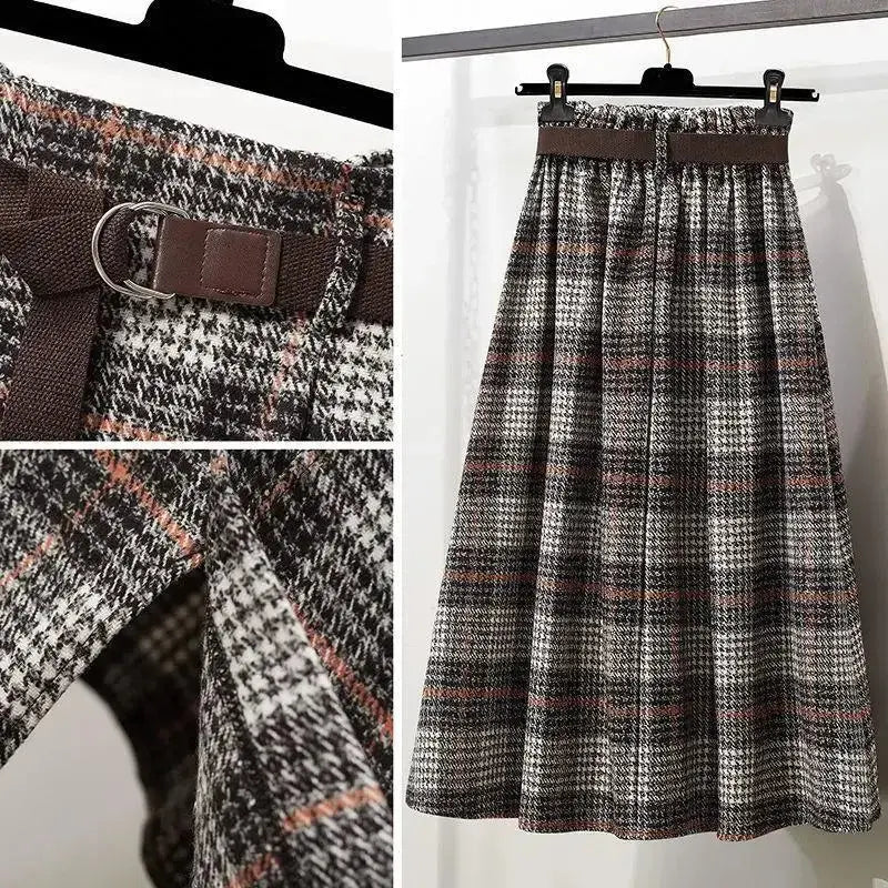 Irregular Hem Wool-Blend Plaid Midi Skirt