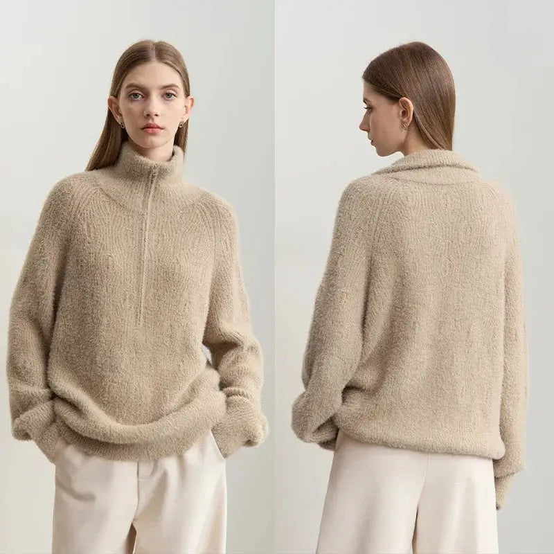 Women's Loose Fit Turtleneck Sweater with Quarter-Zip