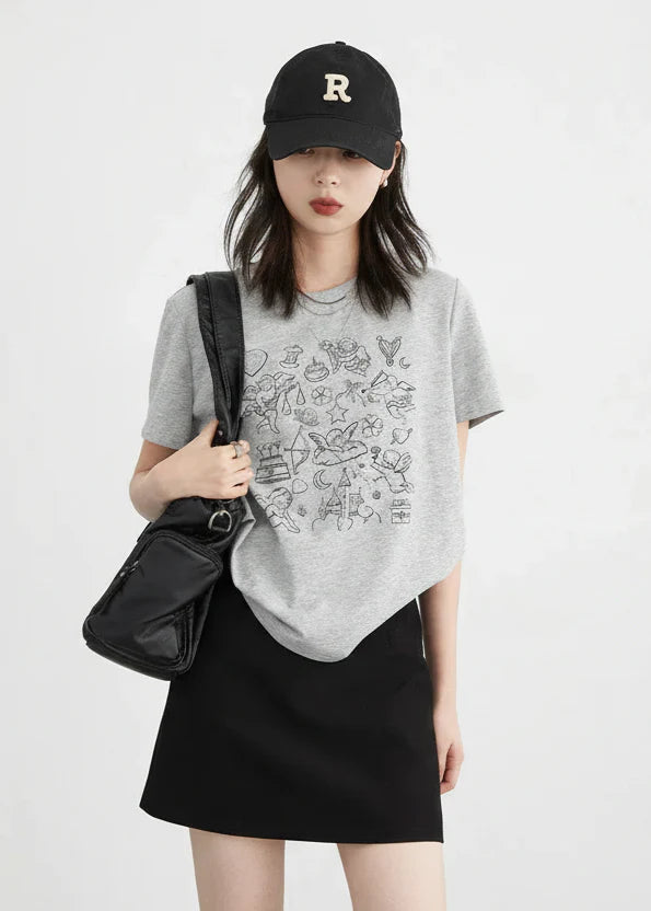 Women’s Printed O-Neck T-Shirt Slim Fit Summer Cotton Tee