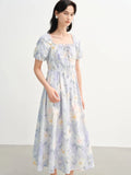 French Romantic Painting Summer Dress Sweet Waist Midi