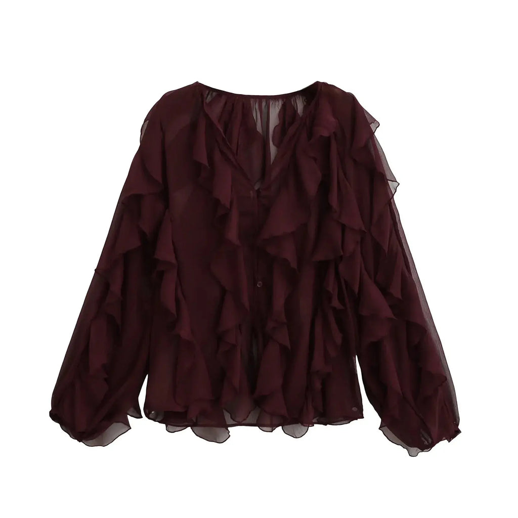 Chic Translucent Blouse with Layered Gauze and Ruffle Detail
