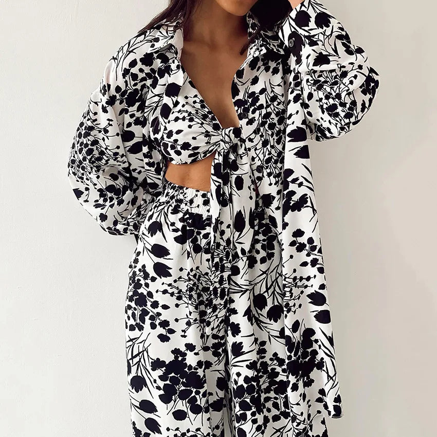 Women’s 3-Piece Floral Pajama Set Autumn Sleepwear & Loungewear