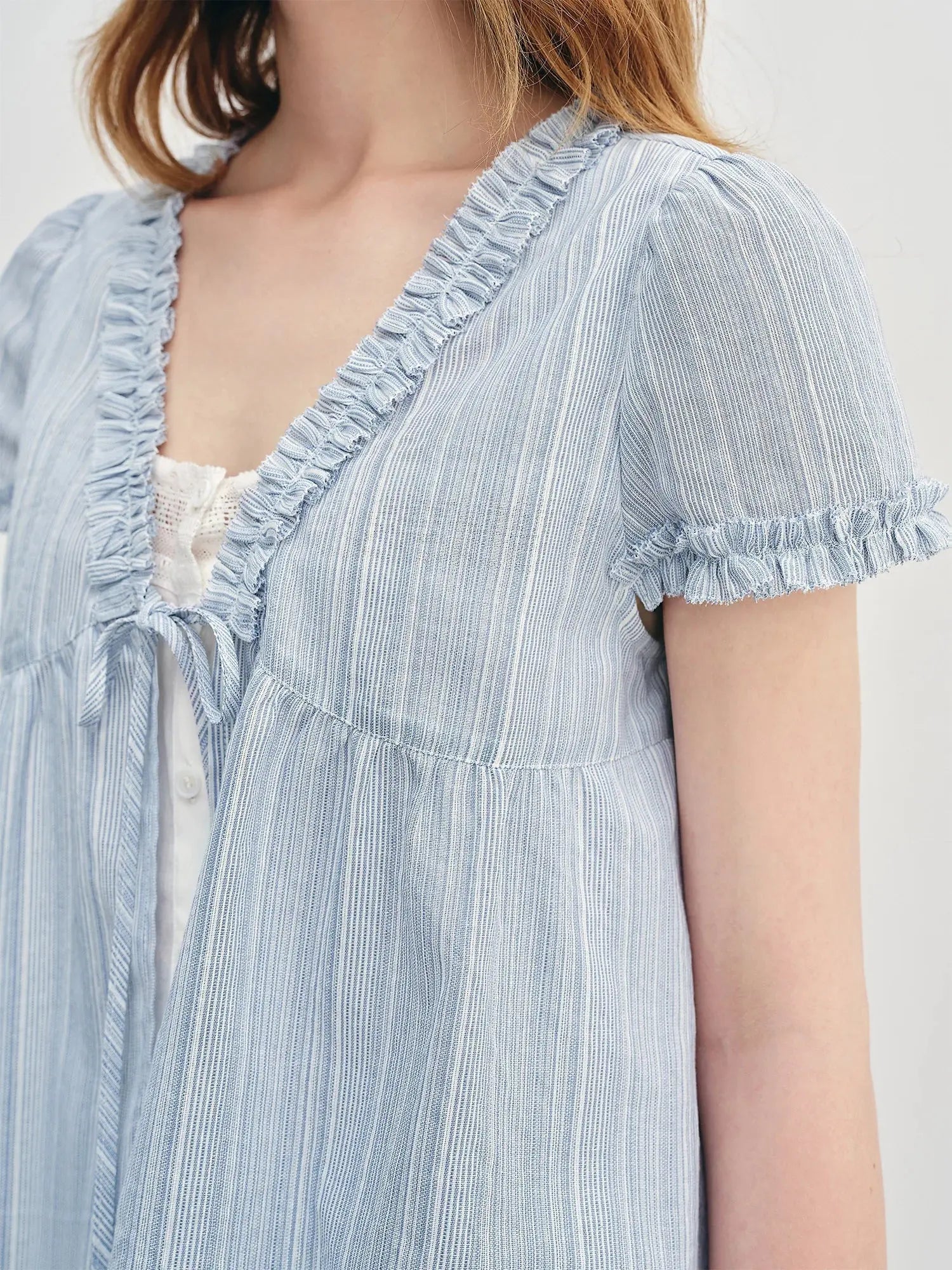 New Blue Striped Ruffle Blouse