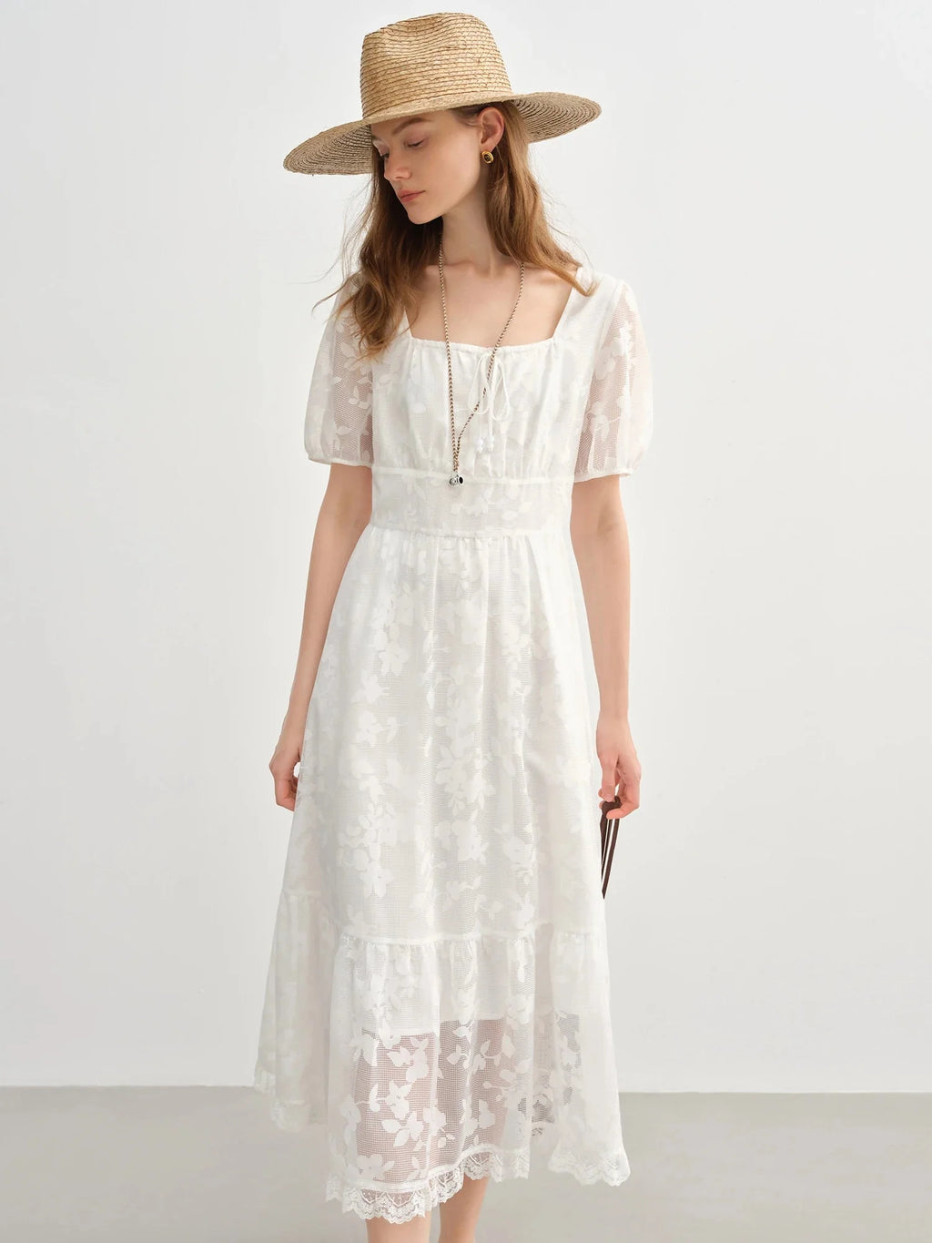 Plus Size White Burnout Dress Elegant Square Neck Summer