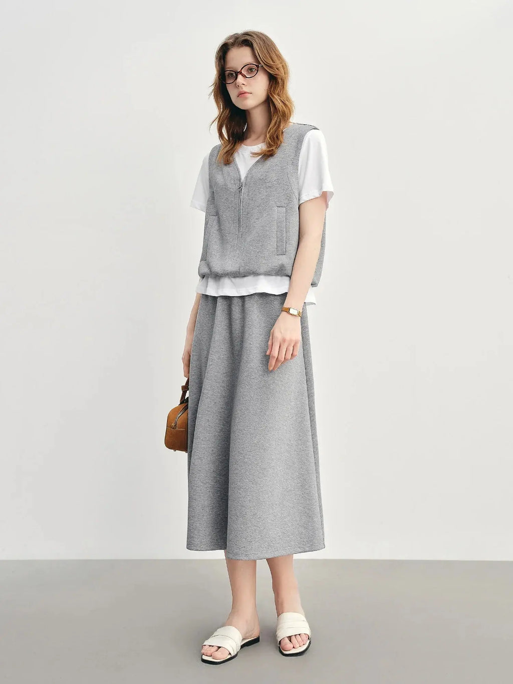 Simple Gray Short-Sleeve Faux Two-Piece Skirt Suit