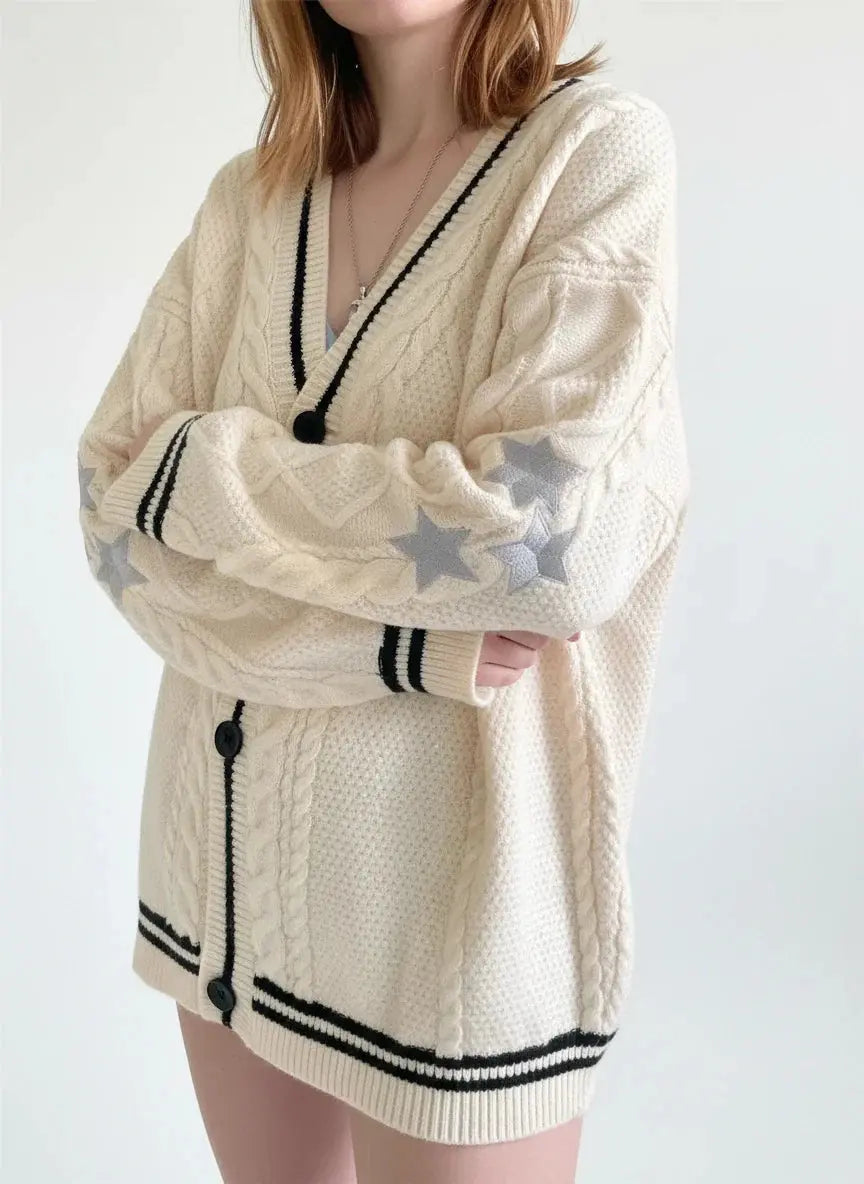 Vintage Cardigan Star-Embroidered Oversized Sweater