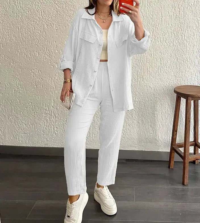 Casual Loose Shirt & Cropped Pants Set for Women