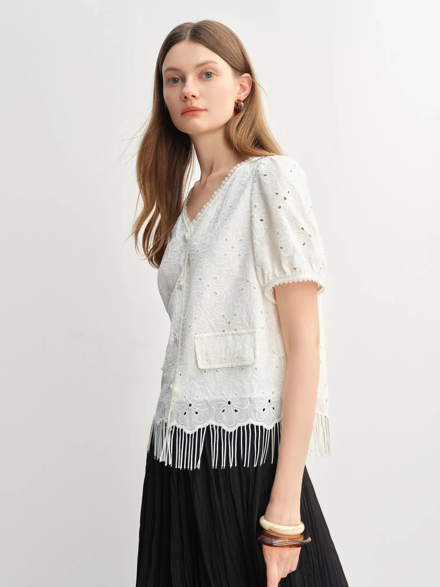 White Lace Embroidery Chic Summer Shirt Tassel Detail