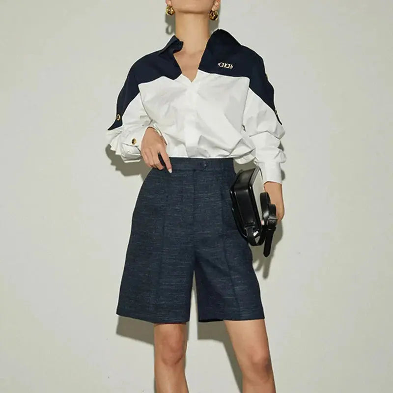 Contrast Patchwork Long-Sleeve Blouse