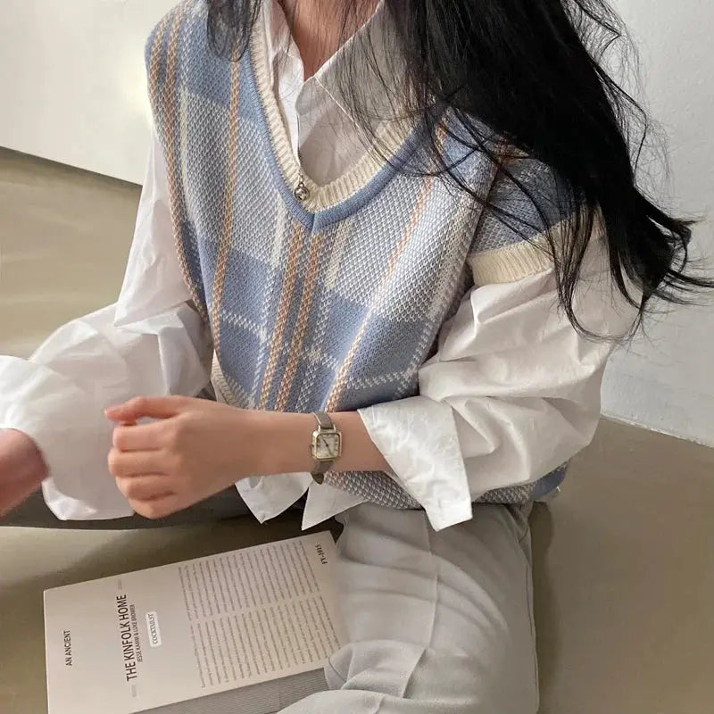 Vintage Korean Style Plaid Knit Pullover Vest