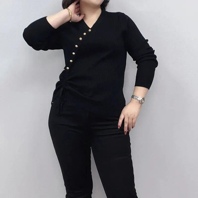 Plus Size Women's Long Sleeve Button Sweater