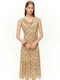 Brown Retro Plaid Mesh Maxi Dress Romantic Style