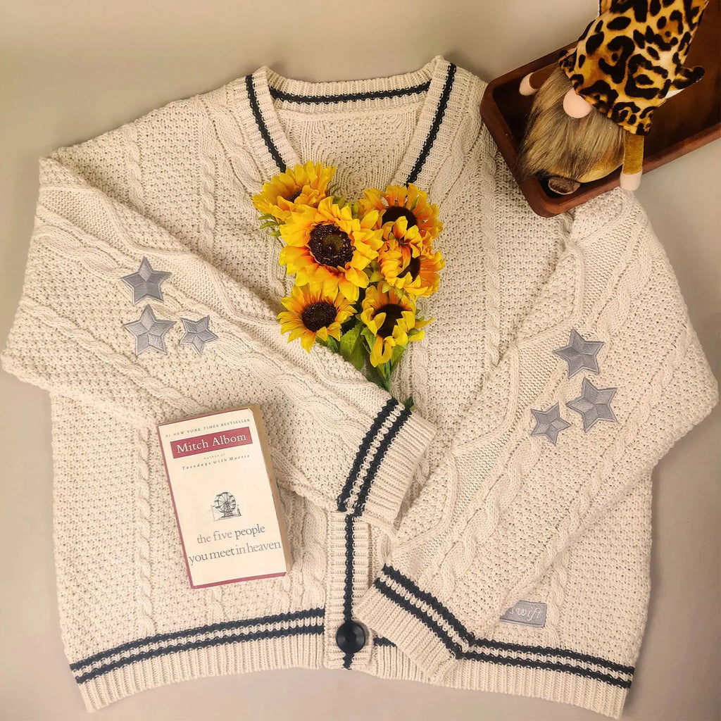 Vintage Cardigan Star-Embroidered Oversized Sweater