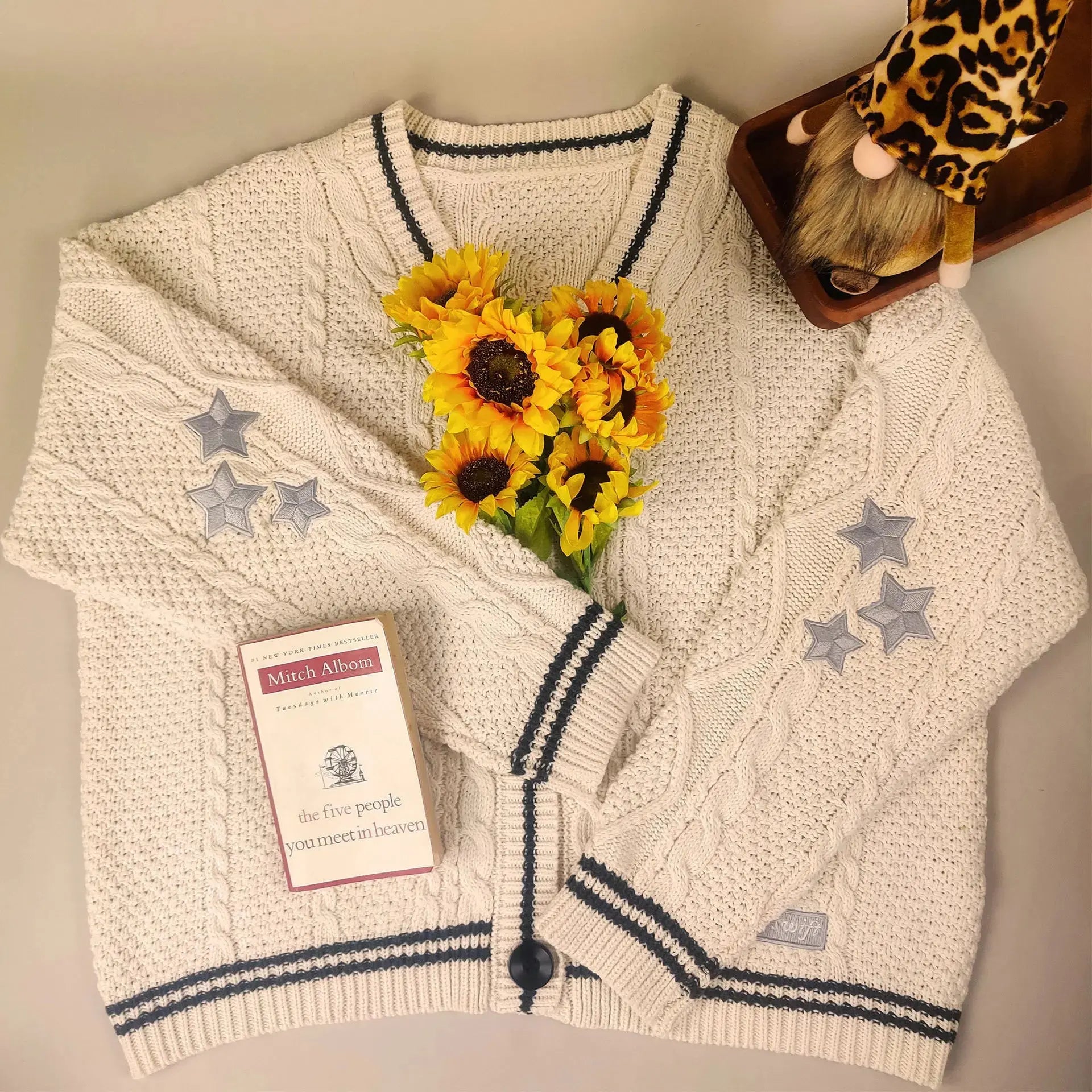 Vintage Cardigan Star-Embroidered Oversized Sweater