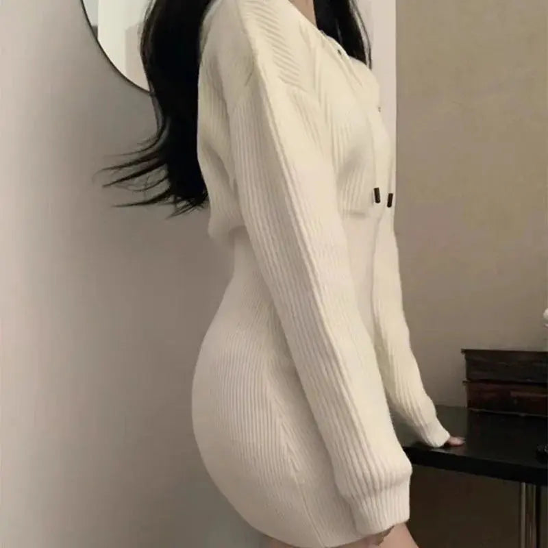 Chic High-Waist Bandage Knit Dress with Hood