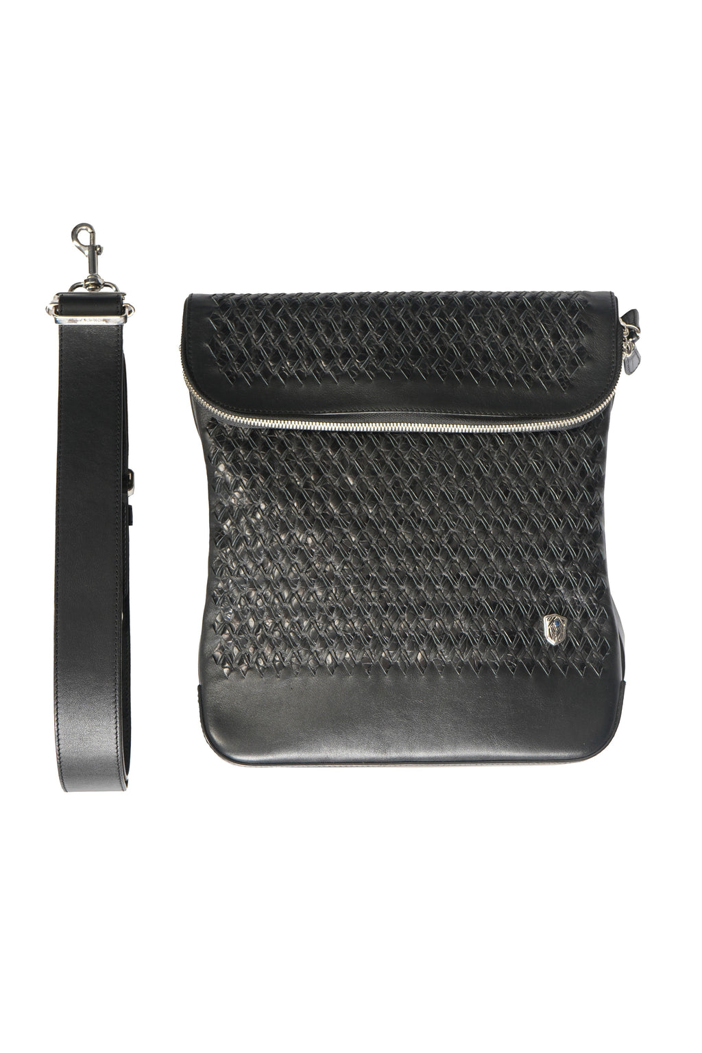 Tardini Woven Full-Grain Calfskin-Alligator Leather Messenger Bag