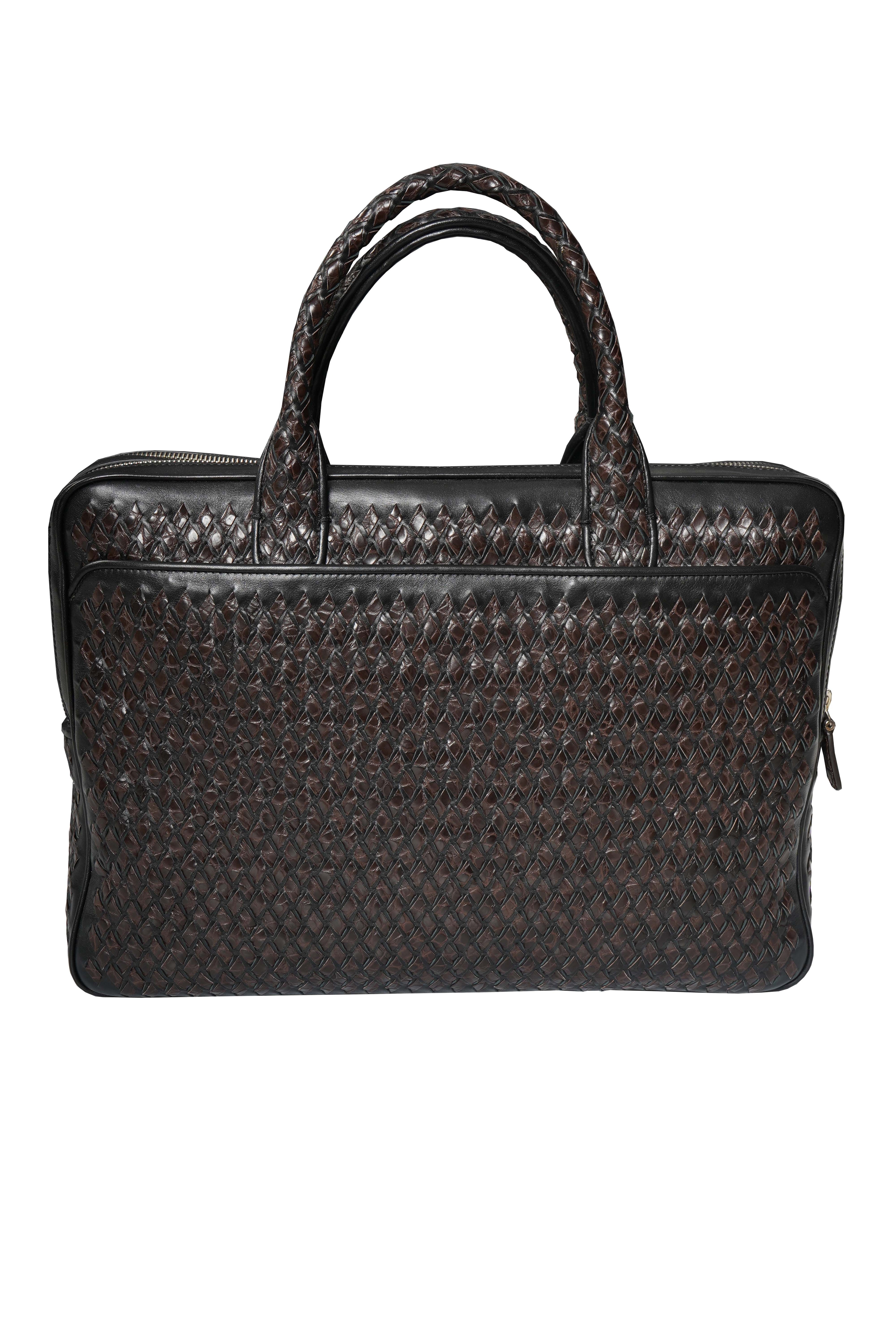 Tardini Woven Full-Grain Calfskin-Alligator Leather Briefcase Bag