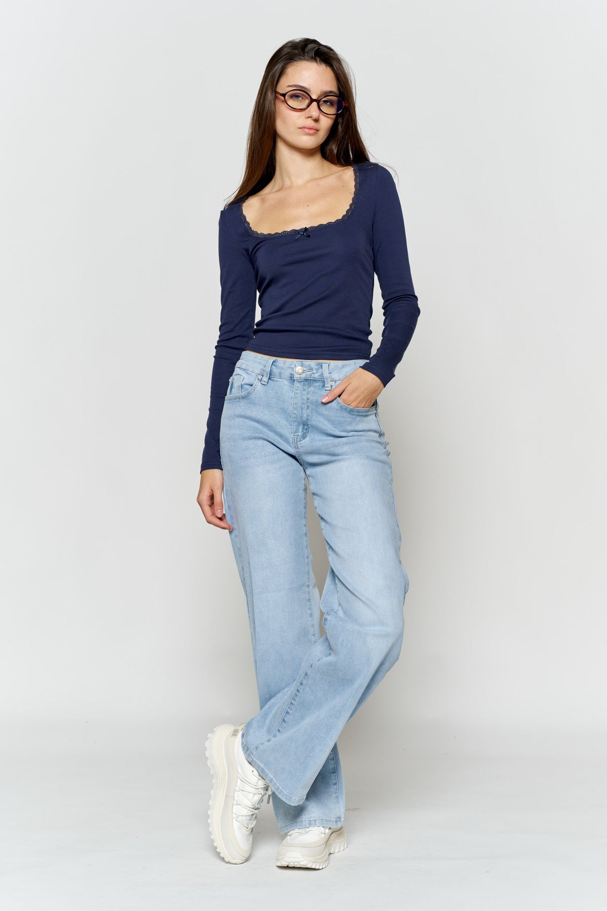 High Rise Wide Leg Jeans with Silver Glitter Effect