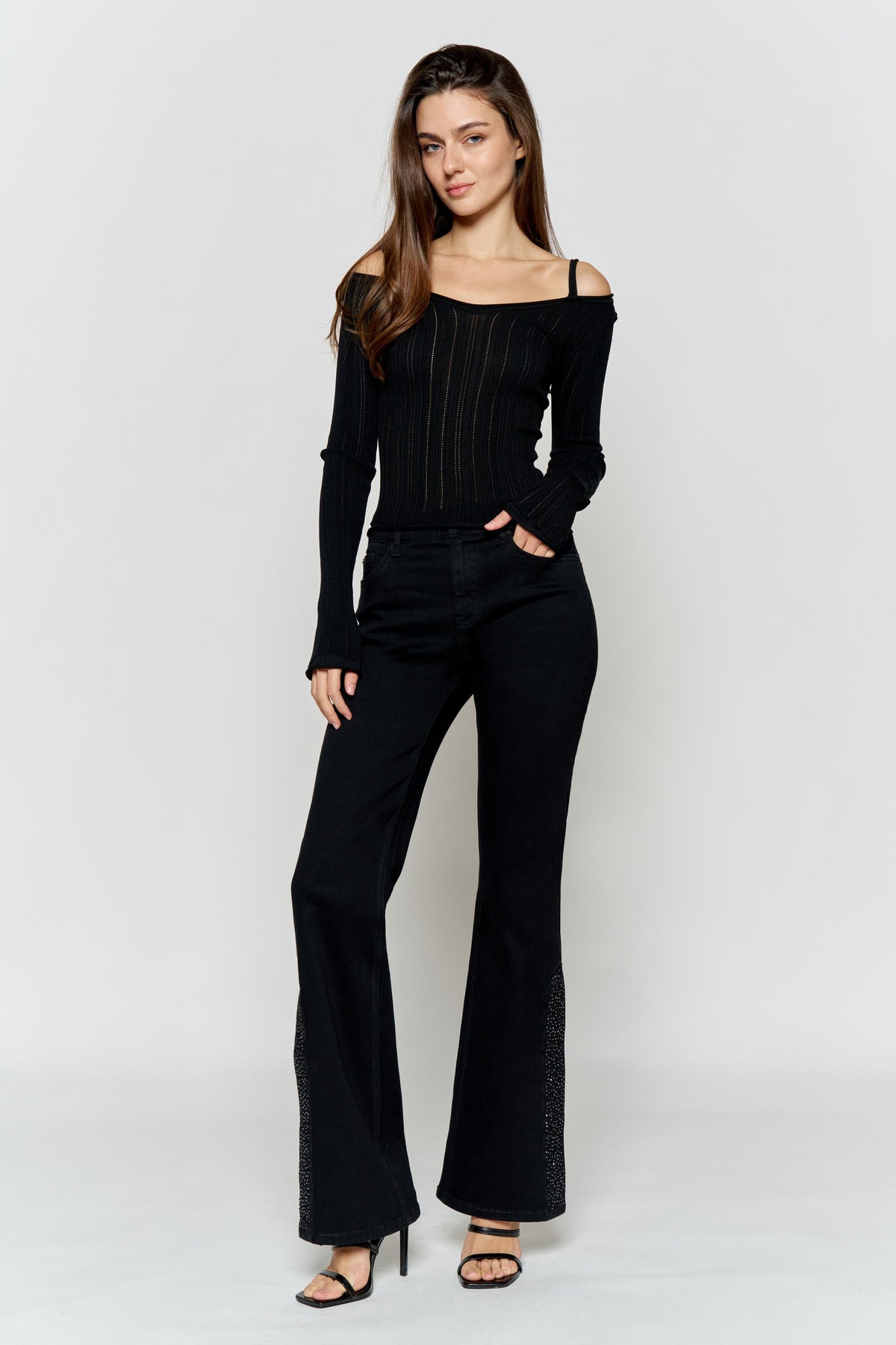 High Rise Slim Wide-Leg Jeans with Side Slit Rhinestone Detail