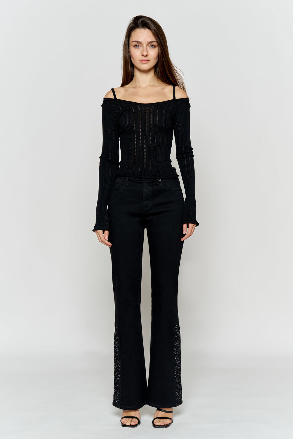 High Rise Slim Wide-Leg Jeans with Side Slit Rhinestone Detail