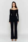 High Rise Slim Wide-Leg Jeans with Side Slit Rhinestone Detail