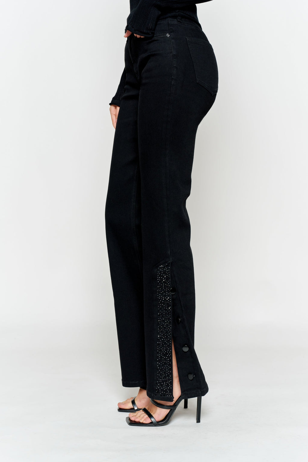 High Rise Slim Wide-Leg Jeans with Side Slit Rhinestone Detail