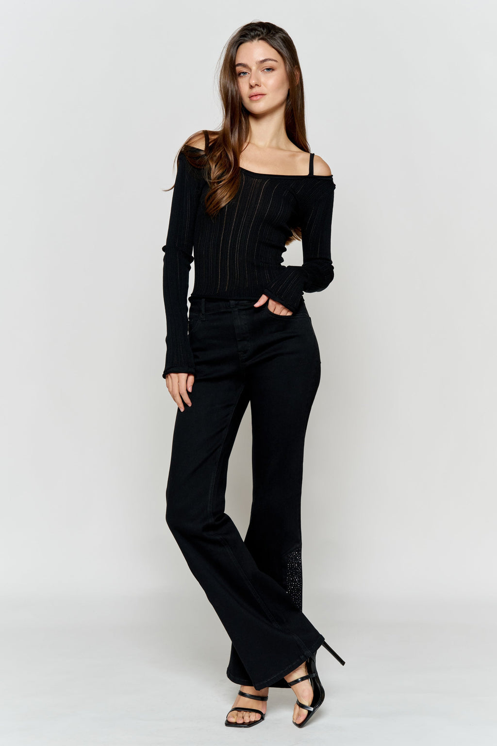 High Rise Slim Wide-Leg Jeans with Side Slit Rhinestone Detail