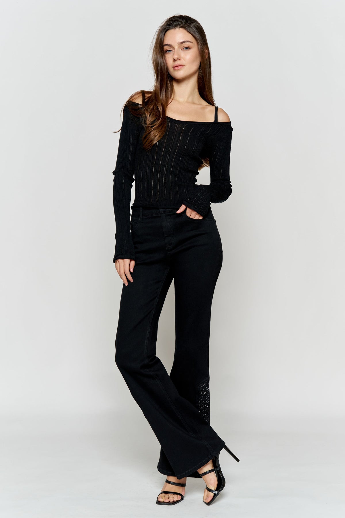 High Rise Slim Wide-Leg Jeans with Side Slit Rhinestone Detail