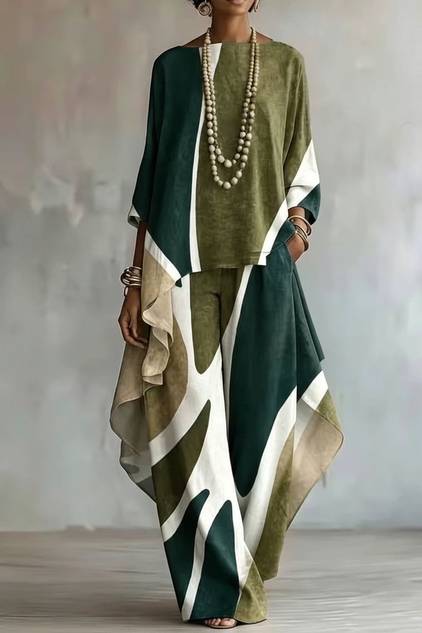Women's Abstract Geometric Color-Block Asymmetric Draped Tunic & Wide-Leg Palazzo Pants Set