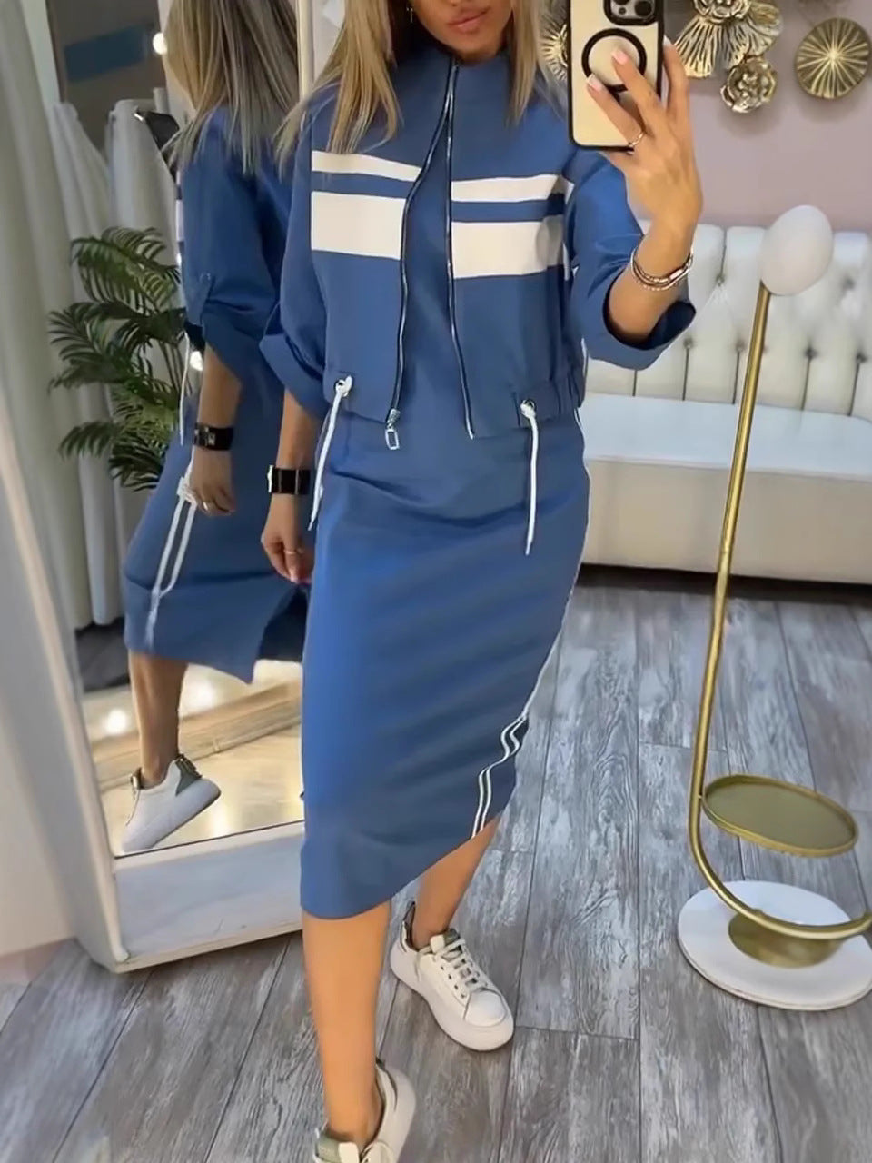 Women's Zip-Up Bomber Track Jacket & Bodycon Midi Dress Set