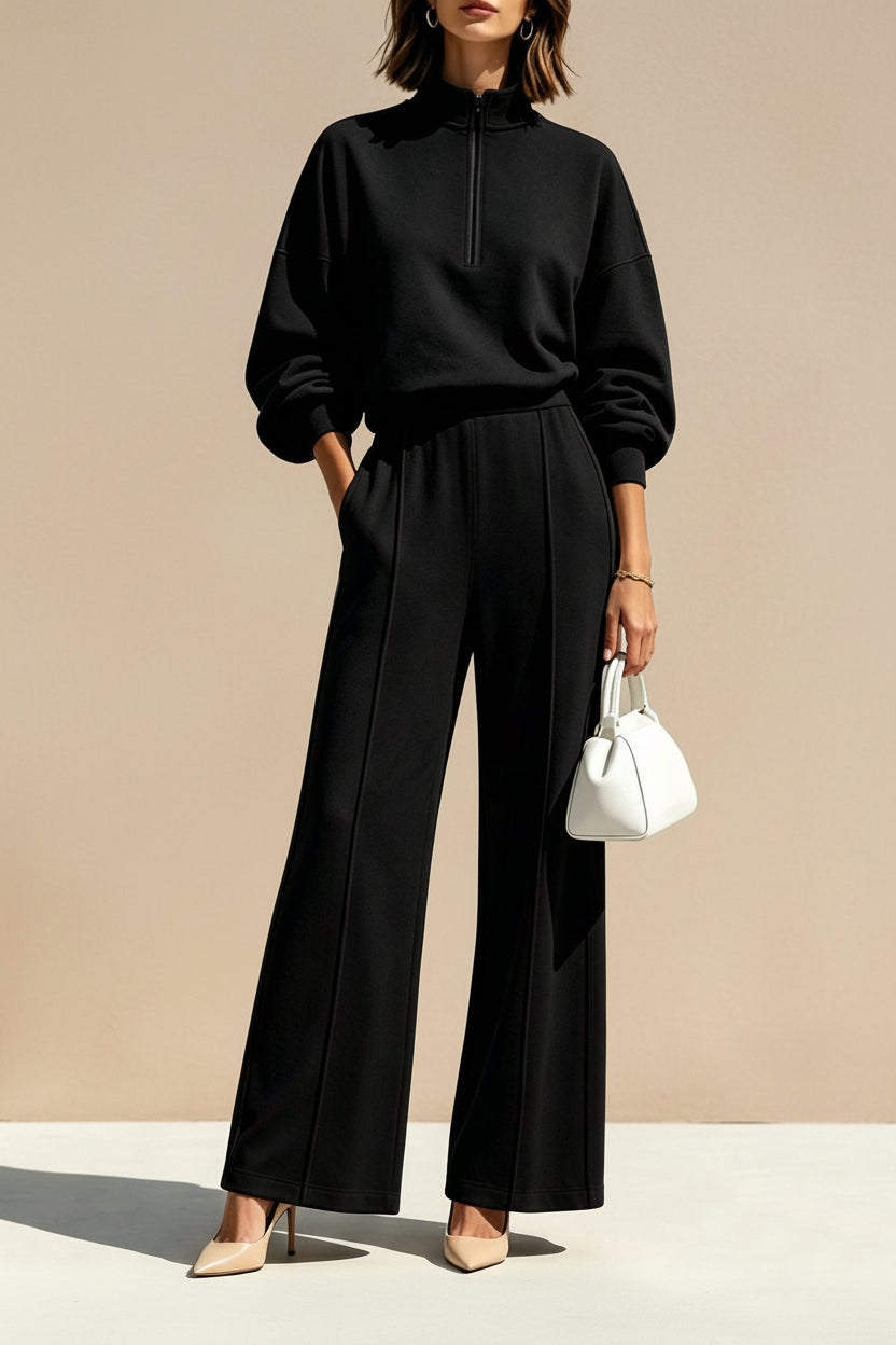 Women's Half-Zip Hoodie & Wide-Leg Pants Set