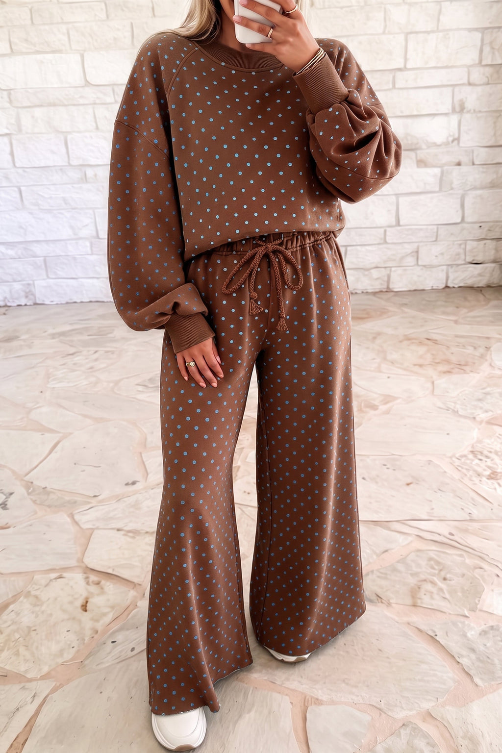 Jane Polka Dot Drawstring Wide Leg Long Sleeve Top Pant Set