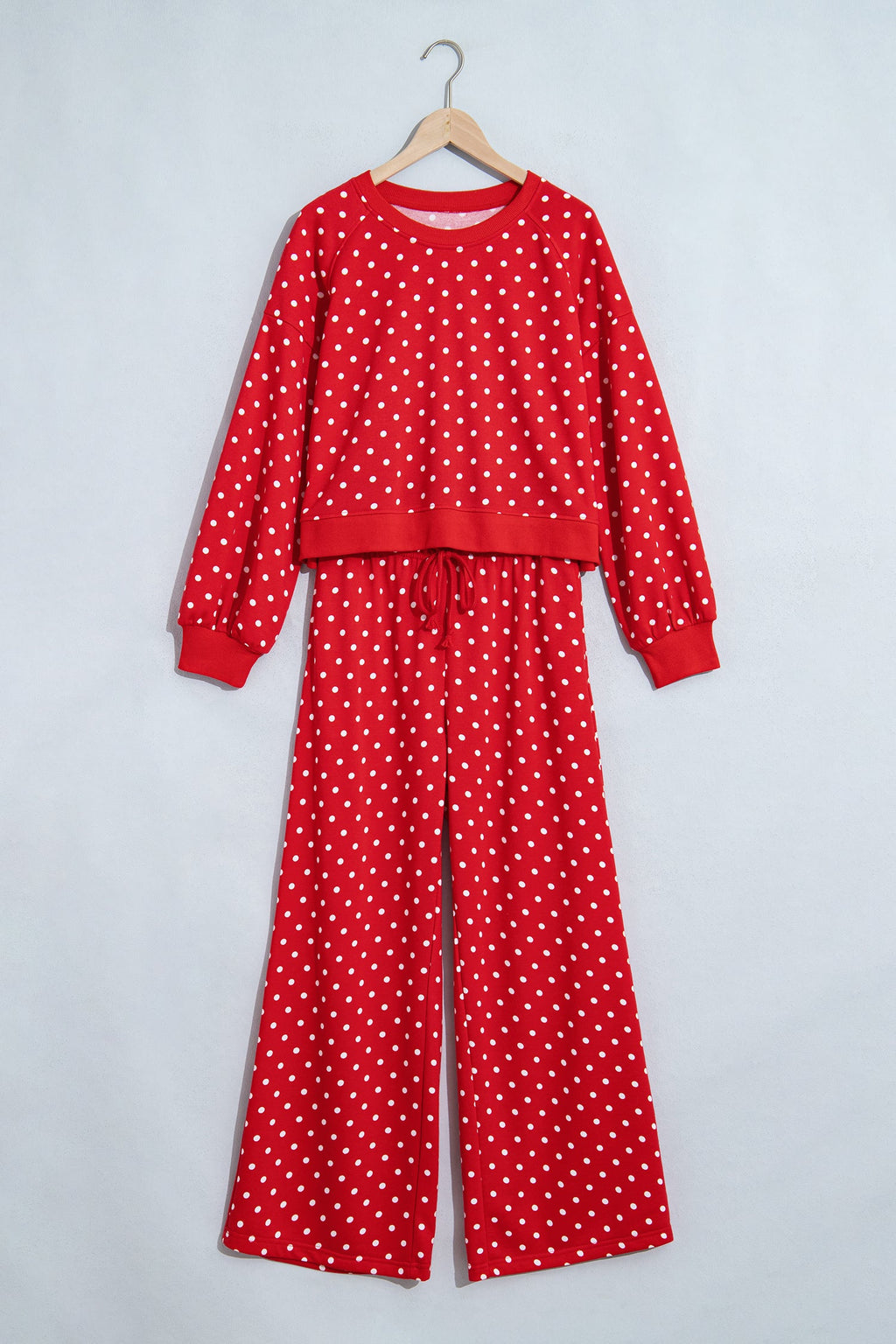 Jane Polka Dot Drawstring Wide Leg Long Sleeve Top Pant Set