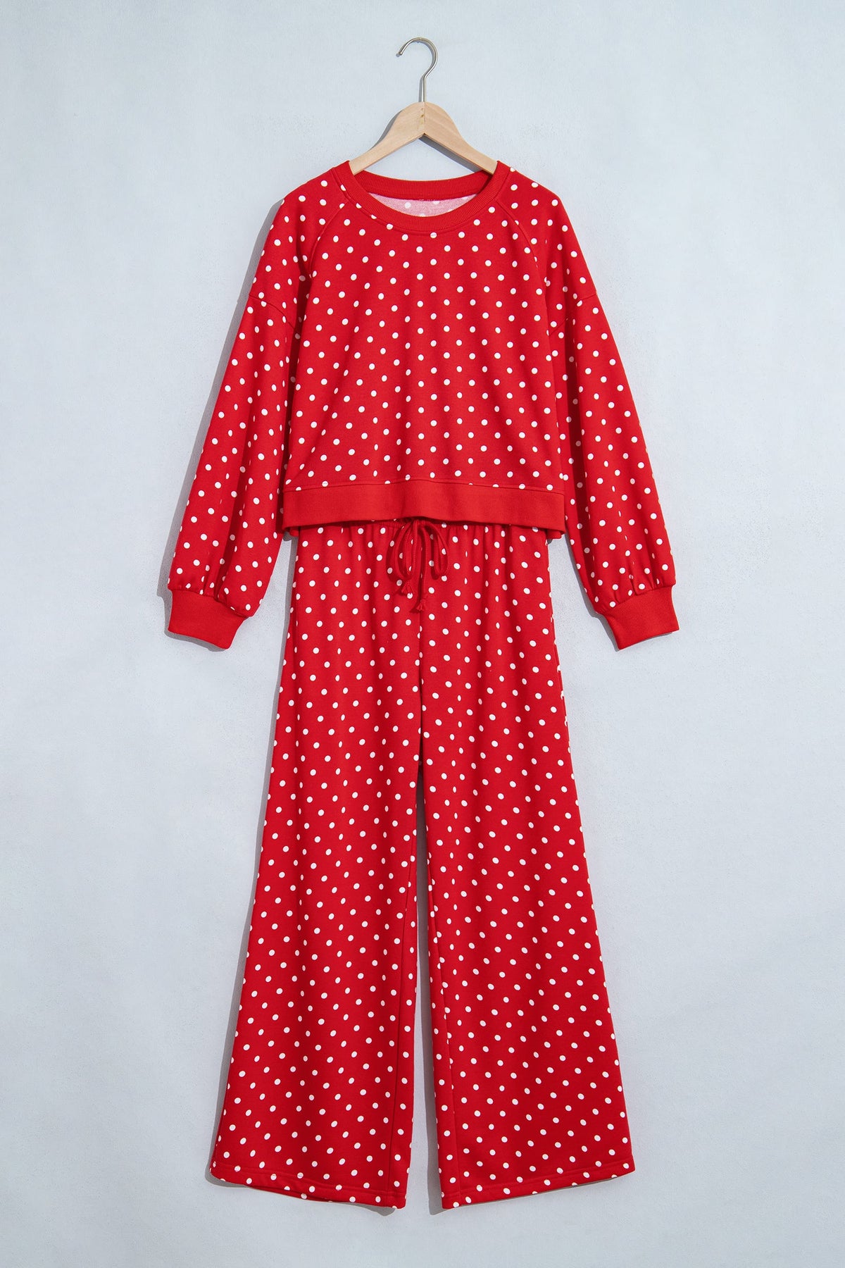 Jane Polka Dot Drawstring Wide Leg Long Sleeve Top Pant Set