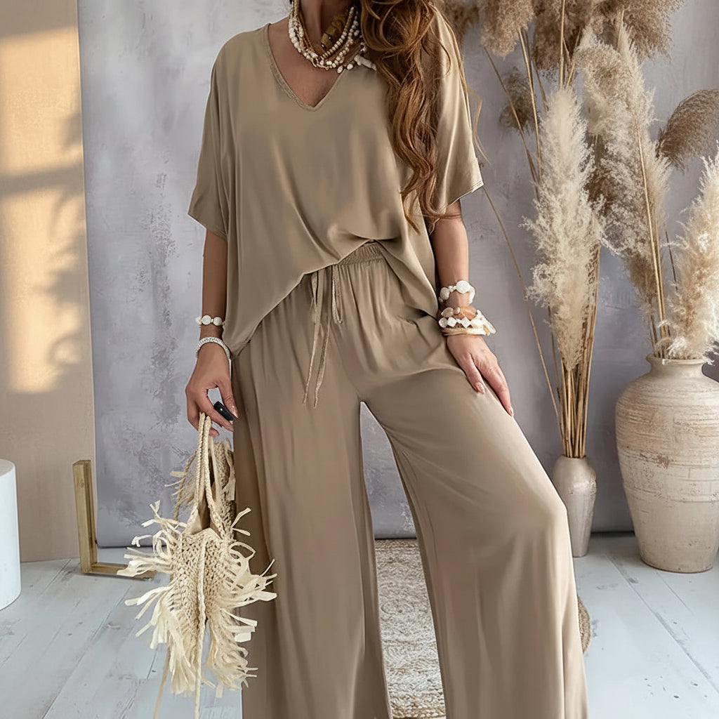 Women's V-Neck Batwing Top & Drawstring Wide-Leg Pants Two-Piece Set