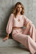 Women's Balloon Puff Sleeve Tie-Cuff Crop Top & Pleated Wide-Leg Trousers Set