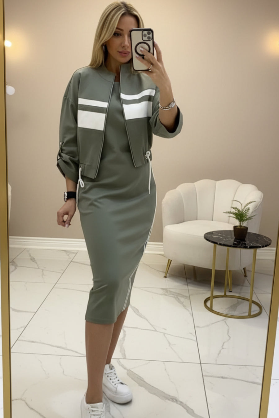 Women's Zip-Up Bomber Track Jacket & Bodycon Midi Dress Set