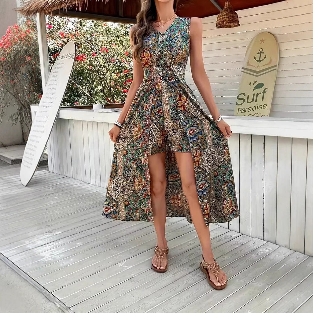 Women's Printed V-Neck Sleeveless Jumpsuit | Vacation Chic