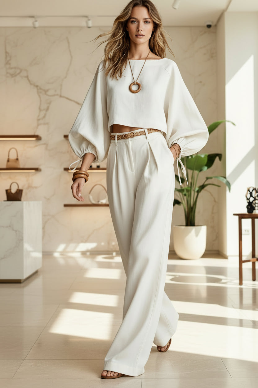 Women's Balloon Puff Sleeve Tie-Cuff Crop Top & Pleated Wide-Leg Trousers Set